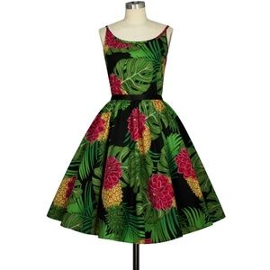 Tiki Floral Pin Up Clothing Pocket Day Dress Green